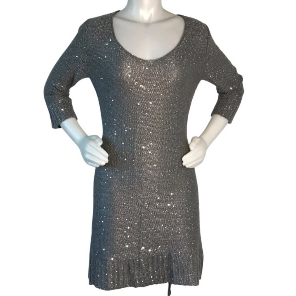 MAX STUDIO GREY SILVER SEQUIN‎ KNOT SWEATER DRESS